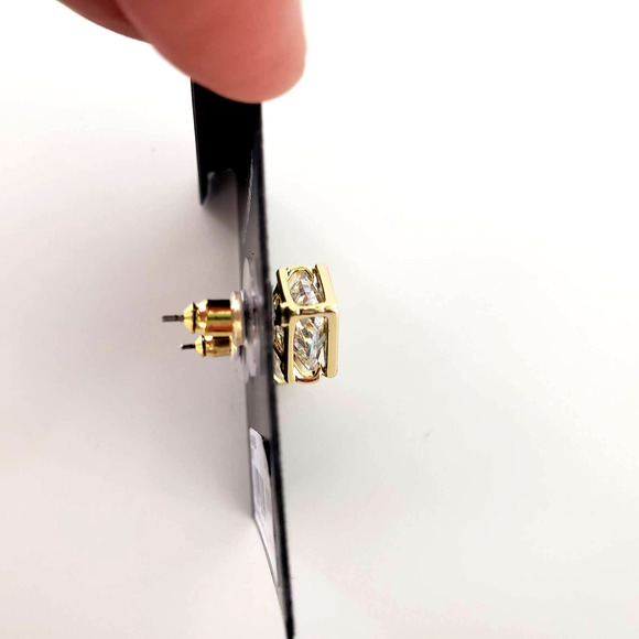 New Vince Camuto Crystal Triangle Cage Post Earrings Gold Clear Tension Backs CZ - Picture 4 of 4